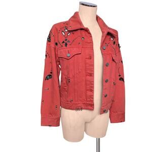 BLANK NYC Orangish Red Embroidered Cut Out Paisley Metal Jean Jacket S M